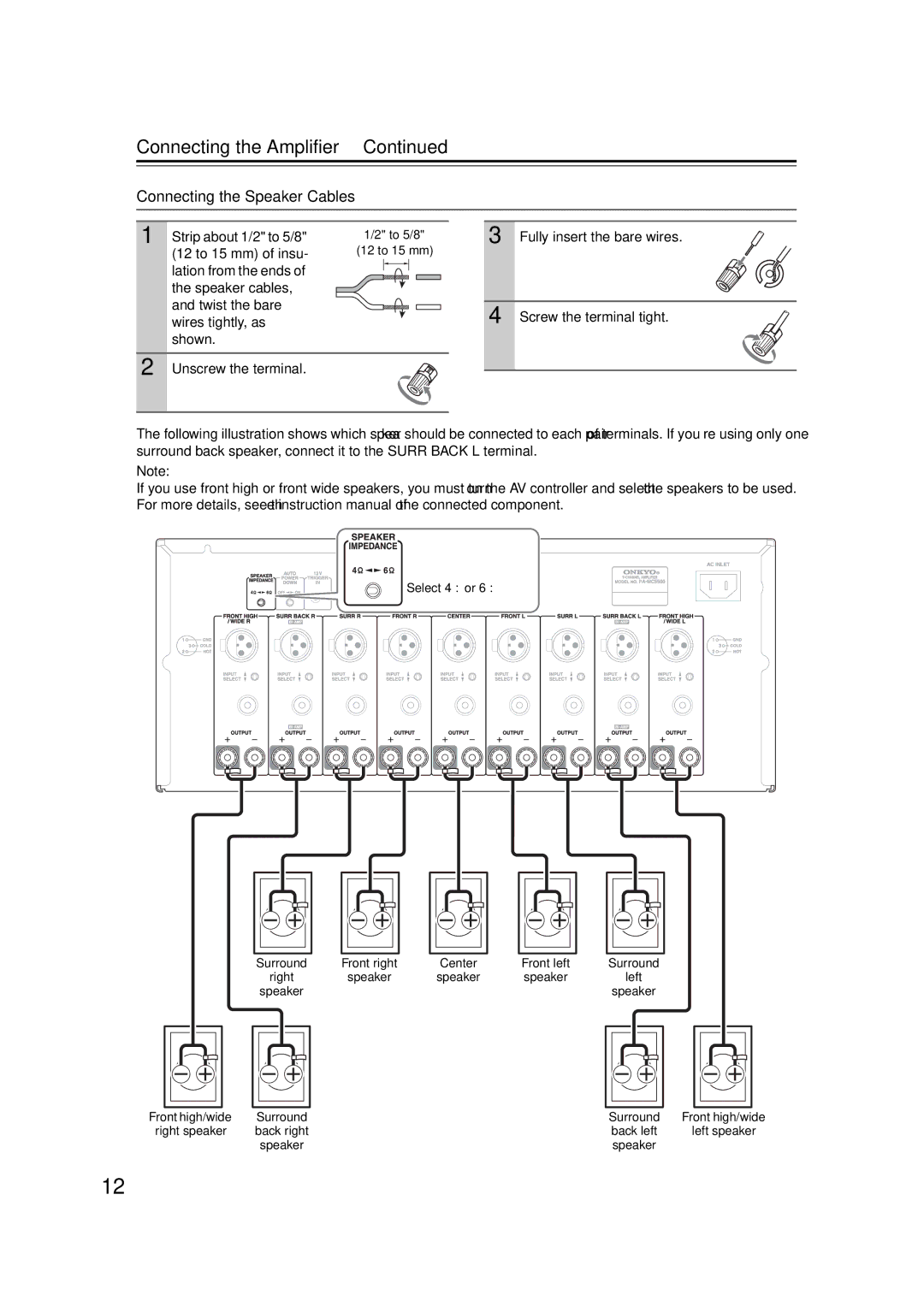 Onkyo PA-MC5500 instruction manual Connecting the Amplifier, To 5/8 12 to 15 mm 