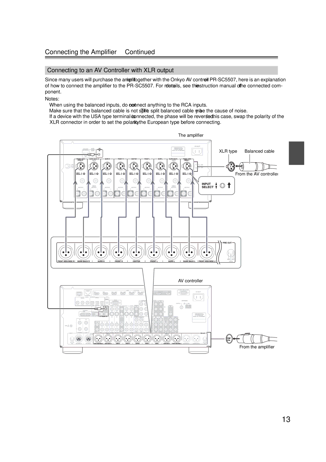 Onkyo PA-MC5500 instruction manual Connecting to an AV Controller with XLR output, Amplifier, AV controller 