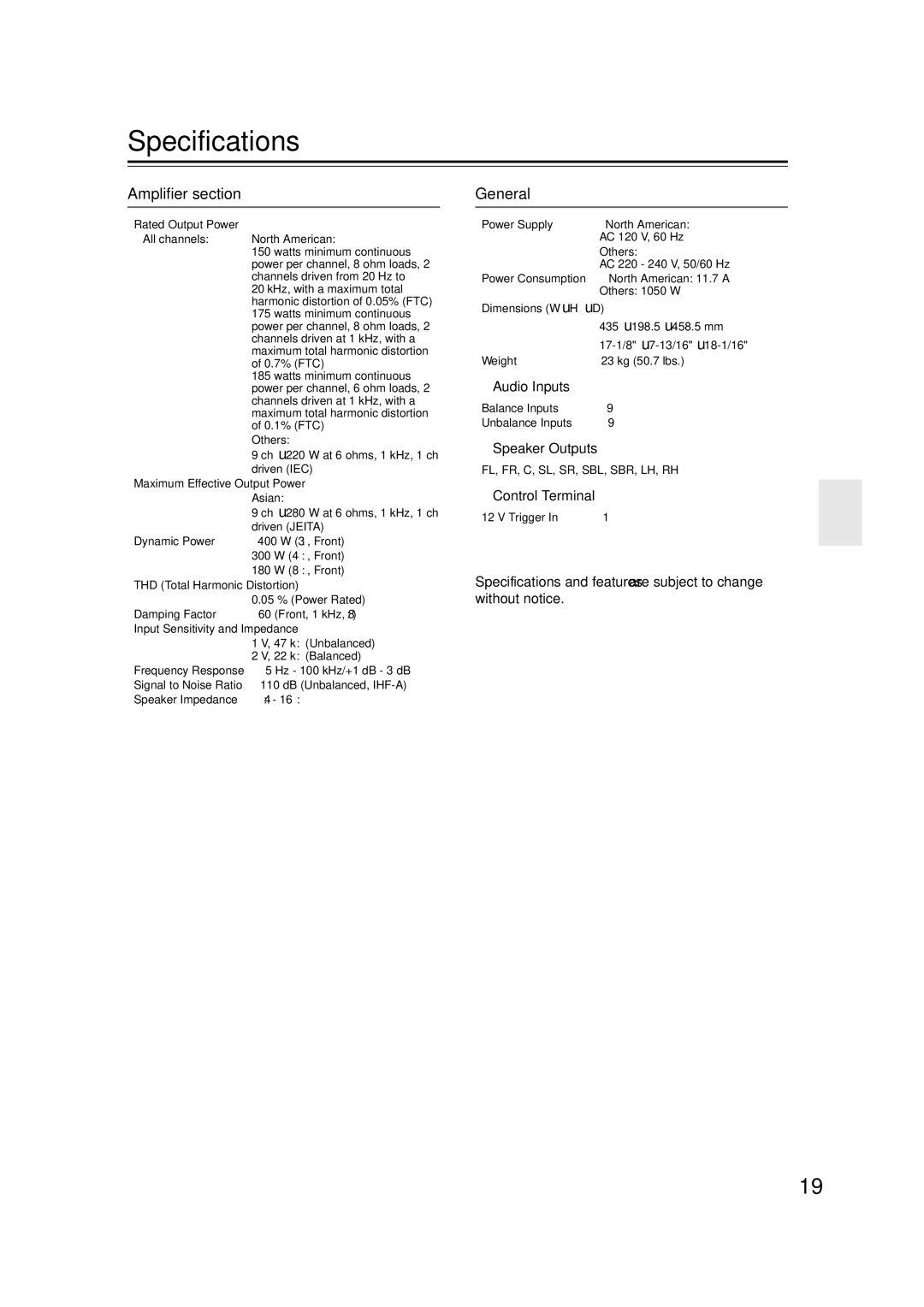 Onkyo PA-MC5500 instruction manual Specifications, Audio Inputs, Speaker Outputs, Control Terminal 