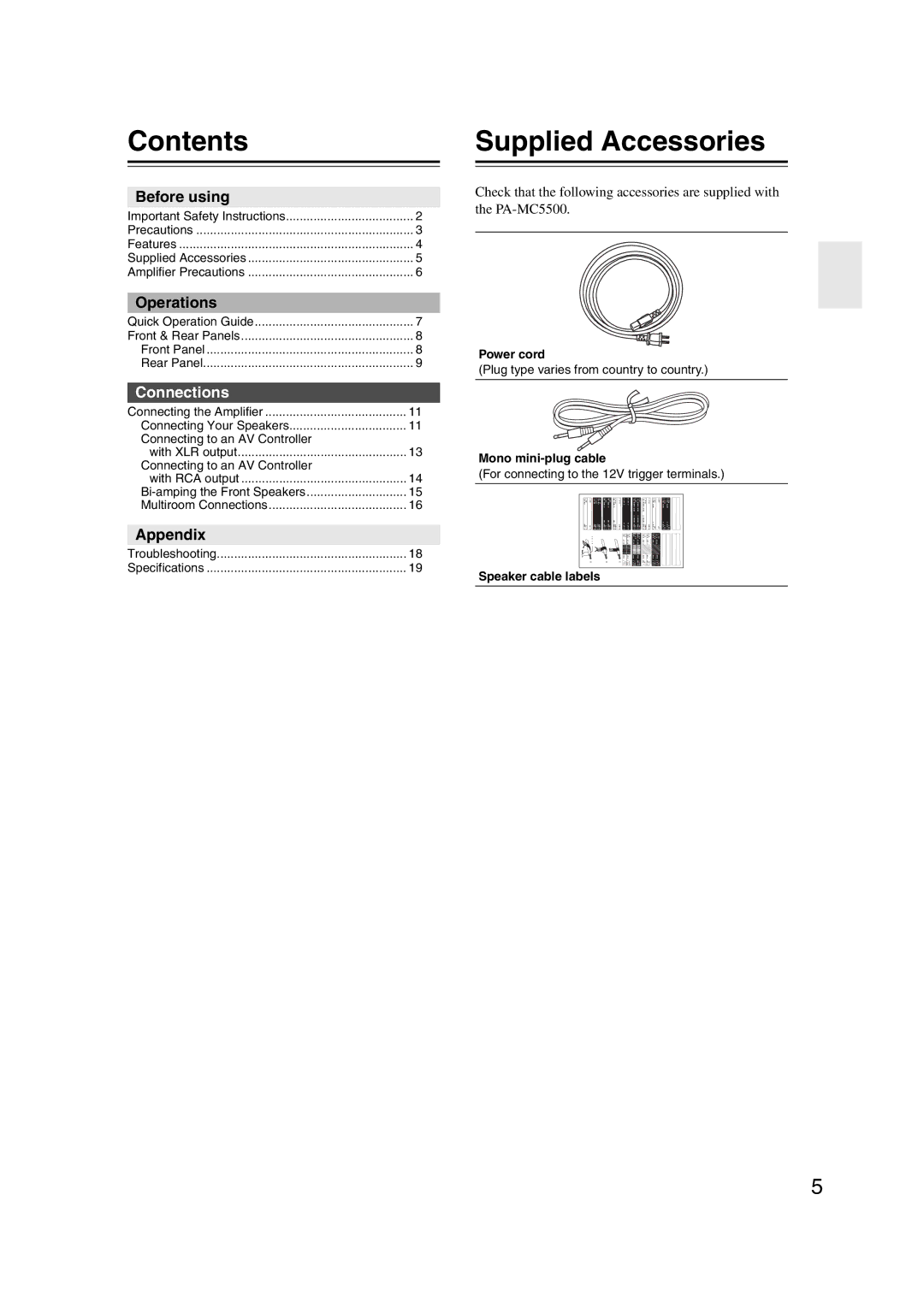 Onkyo PA-MC5500 instruction manual Contents, Supplied Accessories 