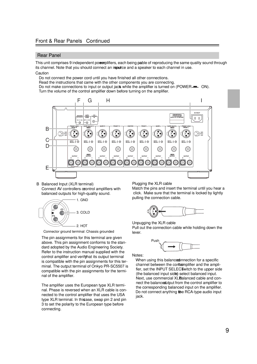 Onkyo PA-MC5500 Front & Rear Panels, Balanced Input XLR terminal, Plugging the XLR cable, Unpugging the XLR cable 