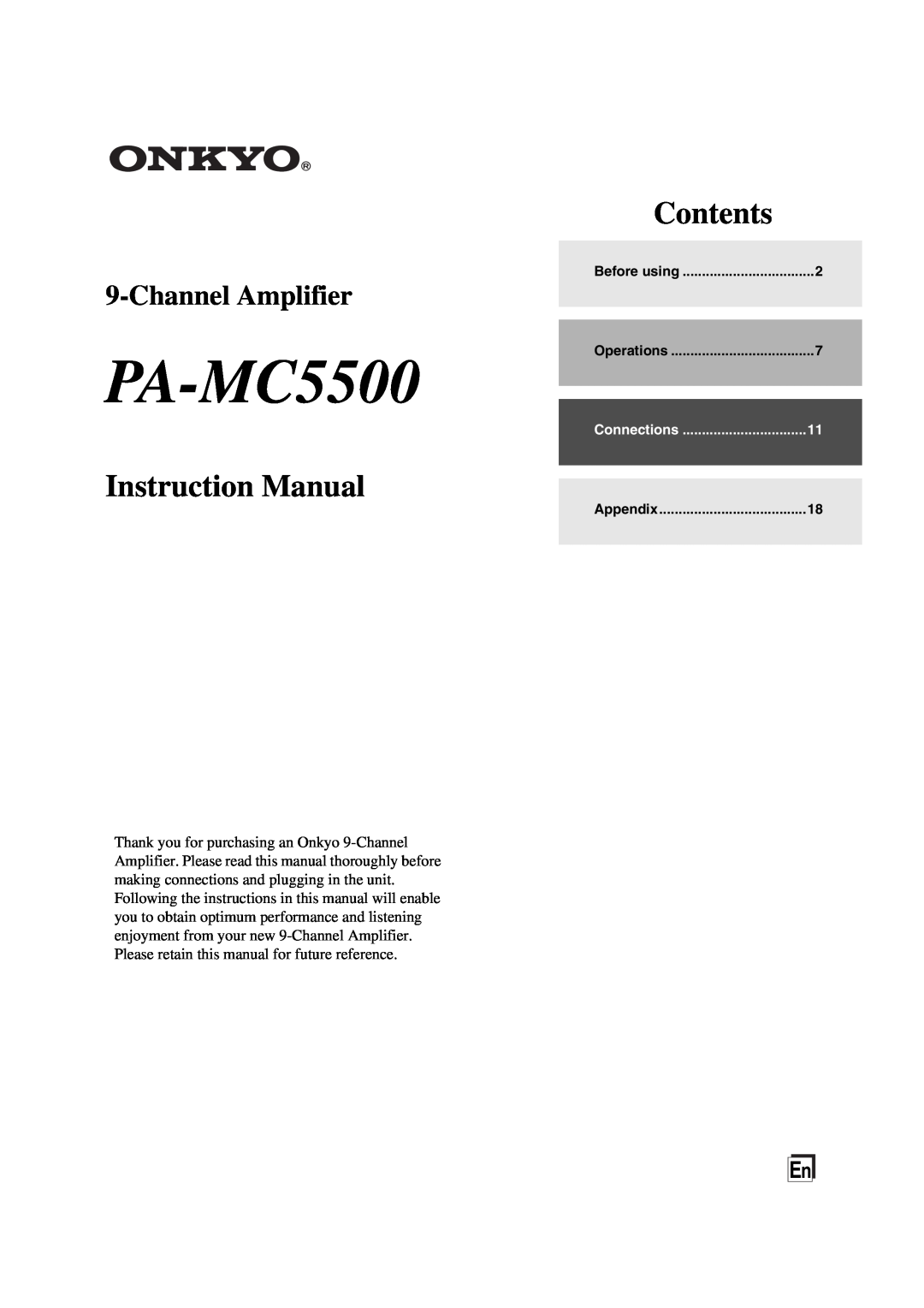 Onkyo PA-MC5500 instruction manual Contents, ChannelAmplifier 