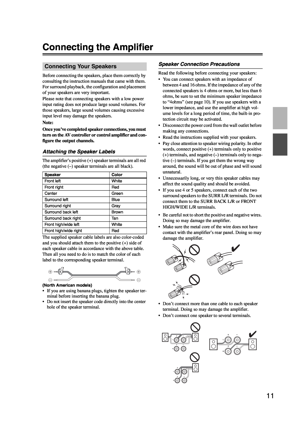 Onkyo PA-MC5500 instruction manual Connecting the Amplifier, Connecting Your Speakers, Attaching the Speaker Labels 