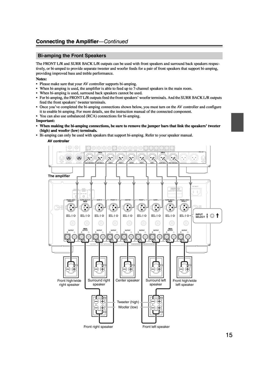 Onkyo PA-MC5500 instruction manual Bi-ampingthe Front Speakers, Connecting the Amplifier-Continued 