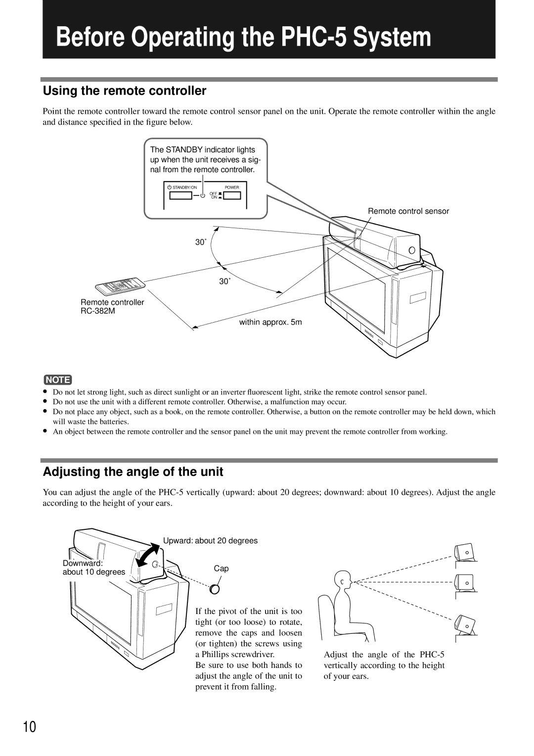 Onkyo instruction manual Before Operating the PHC-5 System, Using the remote controller, Adjusting the angle of the unit 