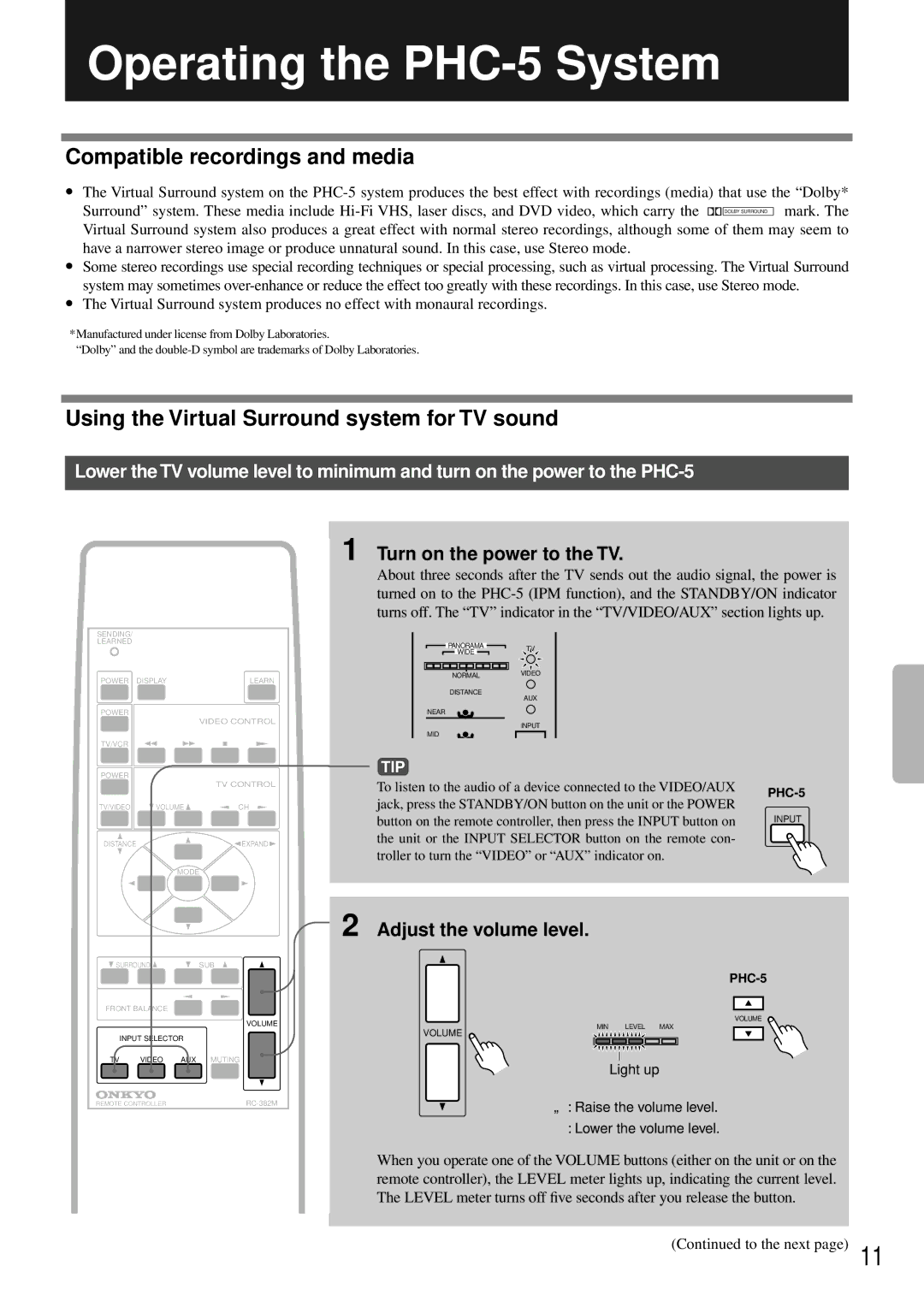 Onkyo Operating the PHC-5 System, Compatible recordings and media, Using the Virtual Surround system for TV sound 