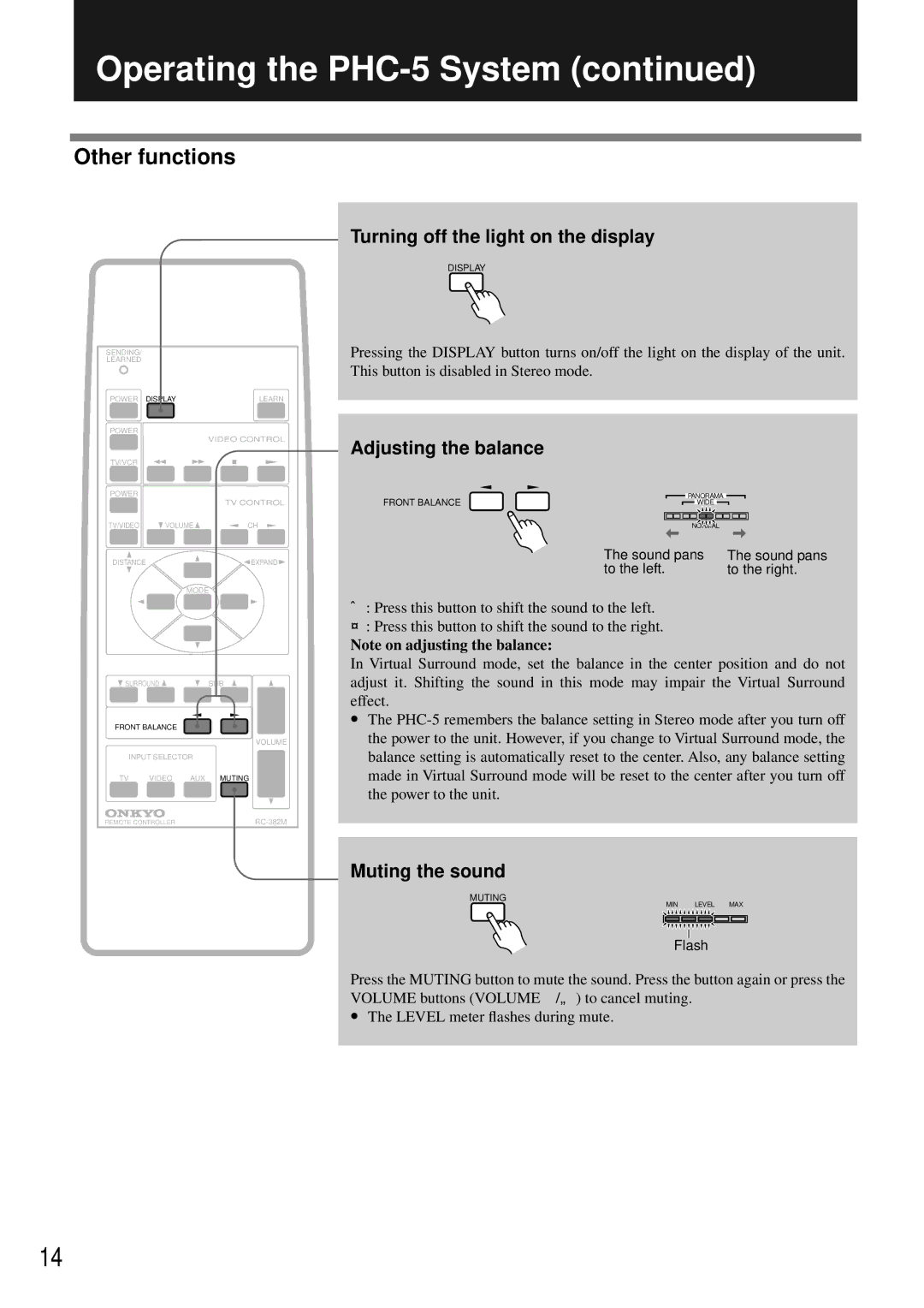 Onkyo PHC-5 Other functions, Turning off the light on the display, Adjusting the balance, Muting the sound 