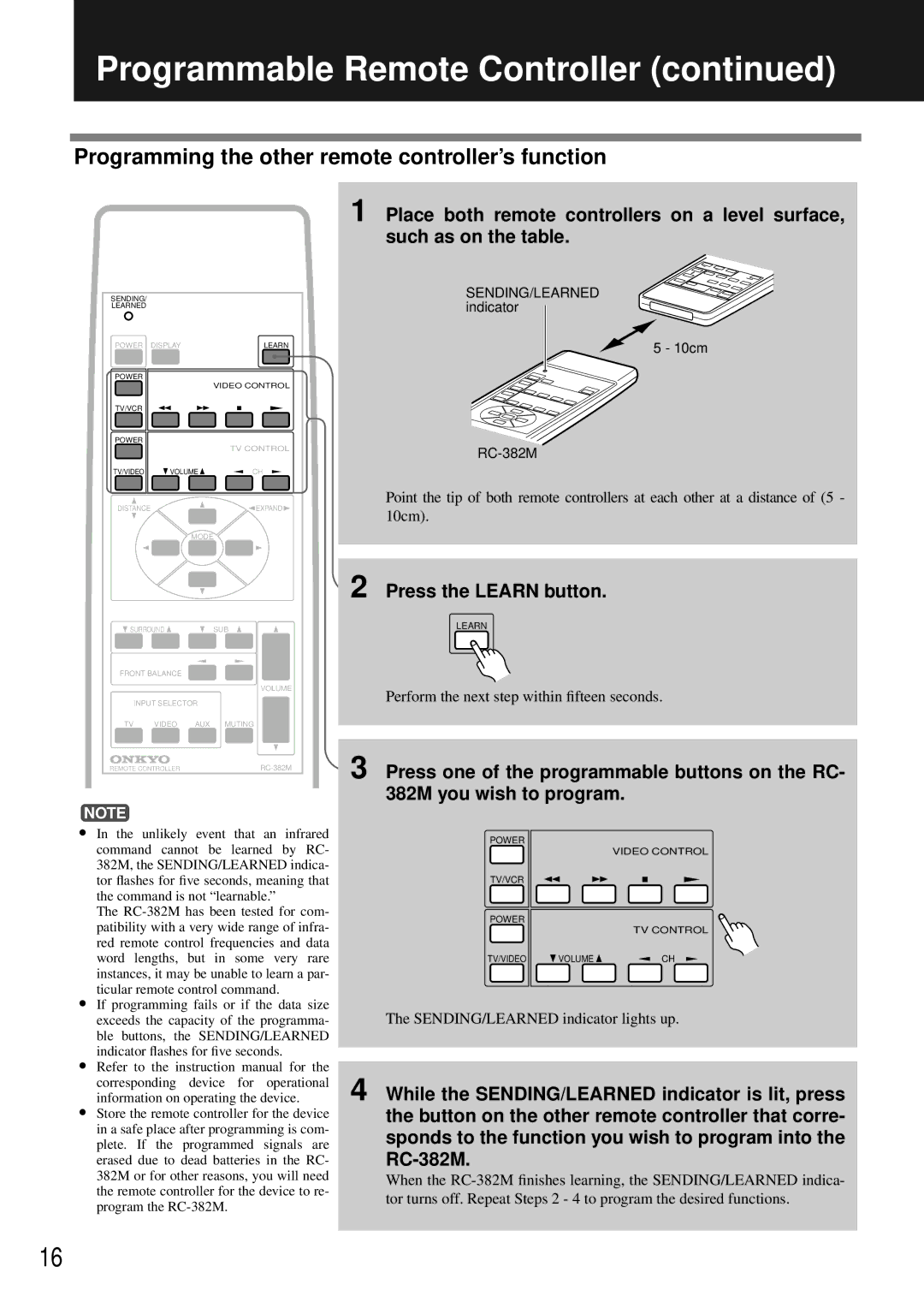 Onkyo PHC-5 Programmable Remote Controller, Programming the other remote controller’s function, Press the Learn button 