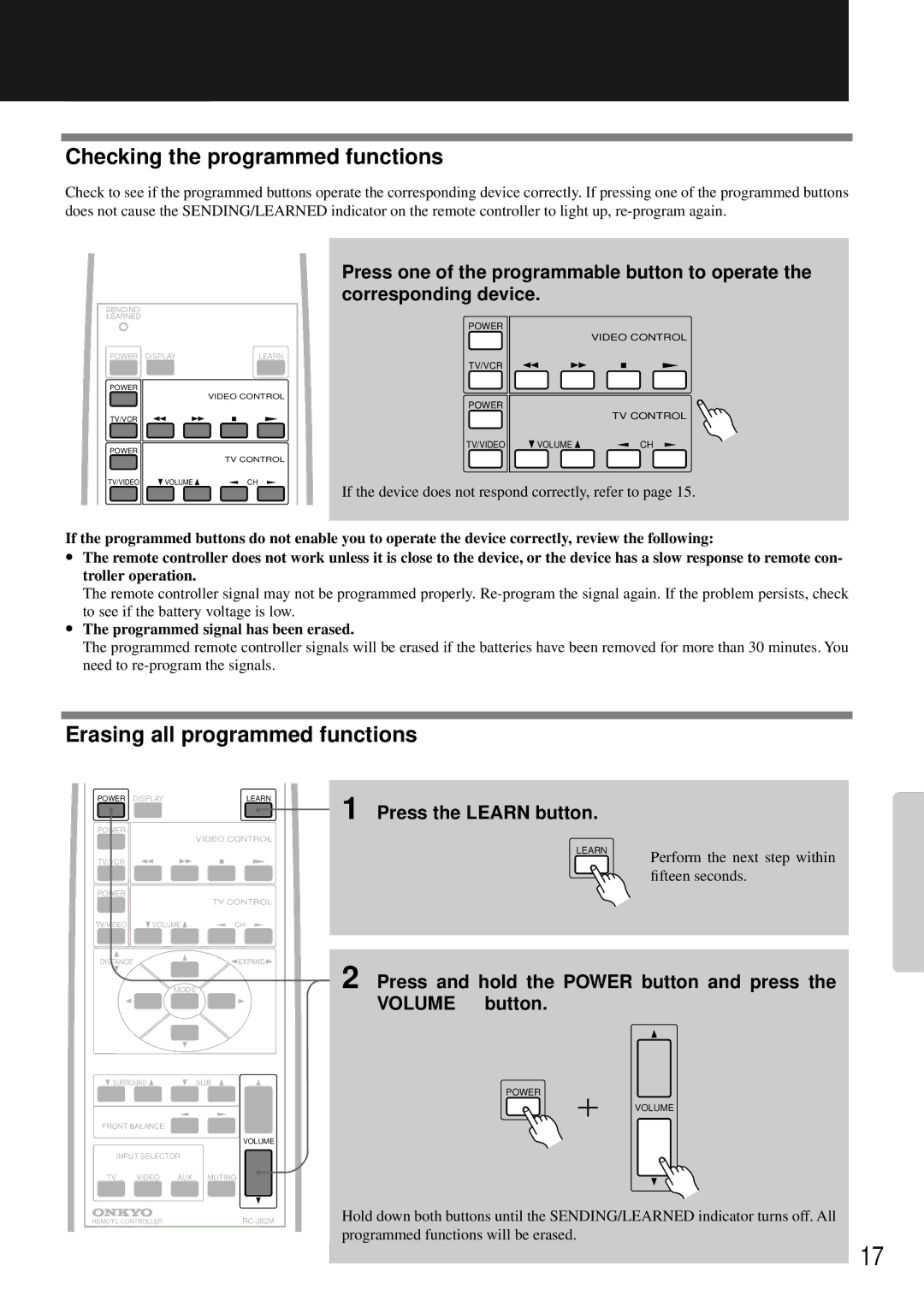 Onkyo PHC-5 Checking the programmed functions, Erasing all programmed functions, Programmed signal has been erased 