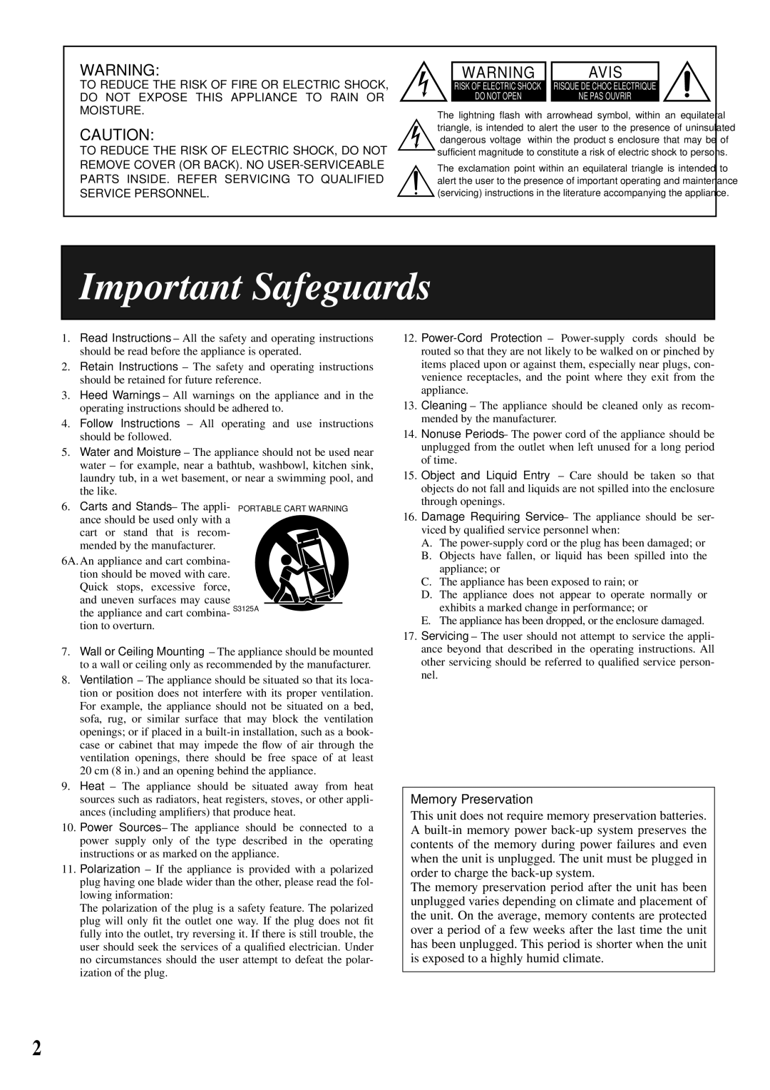 Onkyo PHC-5 instruction manual Important Safeguards, Memory Preservation 