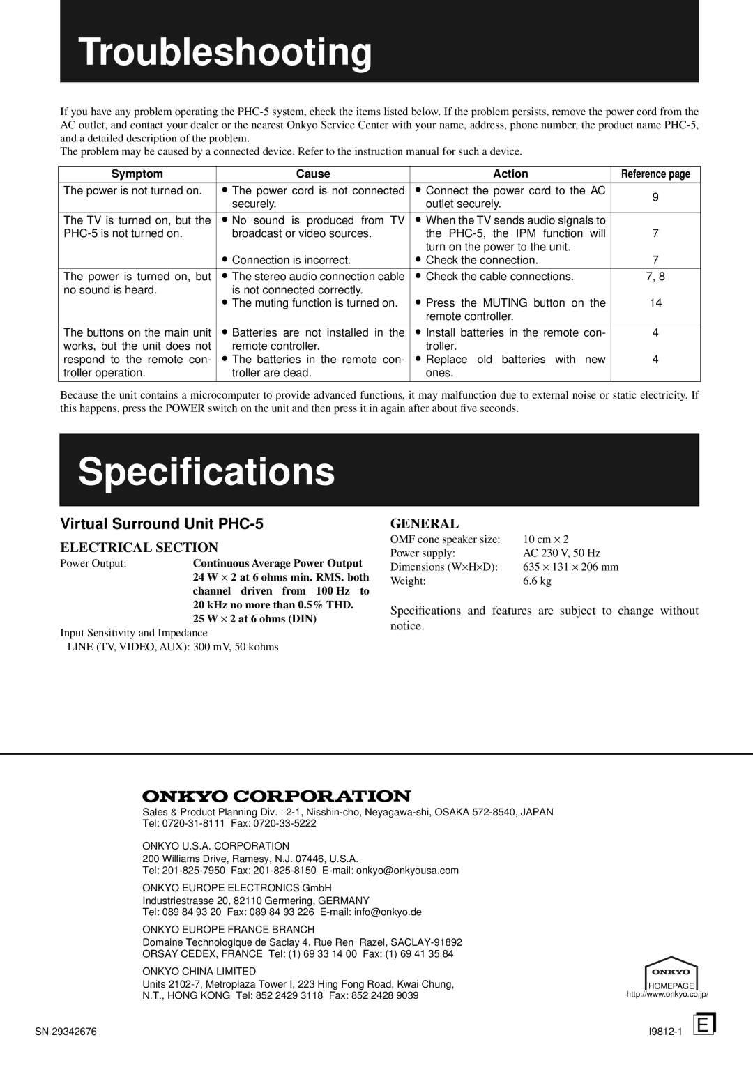 Onkyo instruction manual Troubleshooting, Speciﬁcations, Virtual Surround Unit PHC-5 