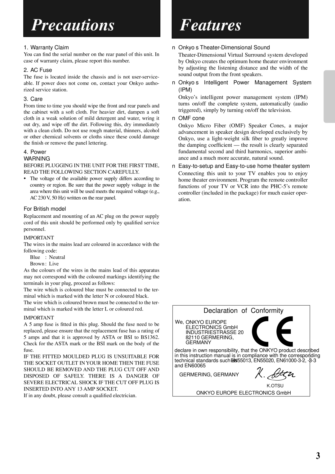 Onkyo PHC-5 instruction manual Precautions Features 