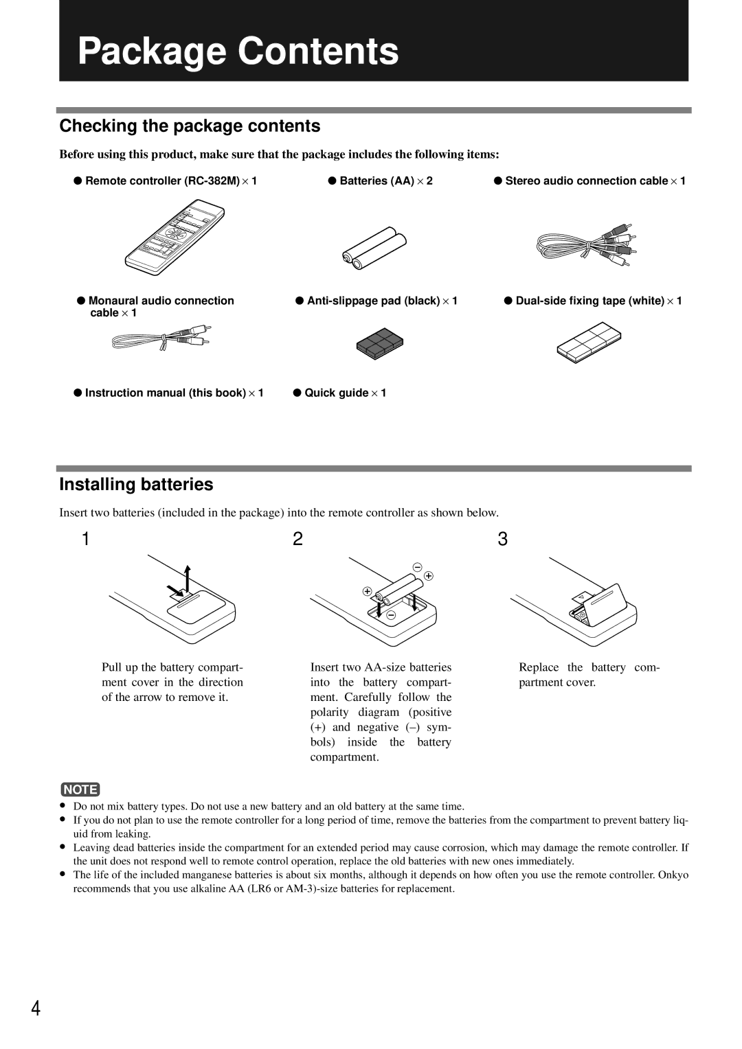 Onkyo PHC-5 instruction manual Package Contents 