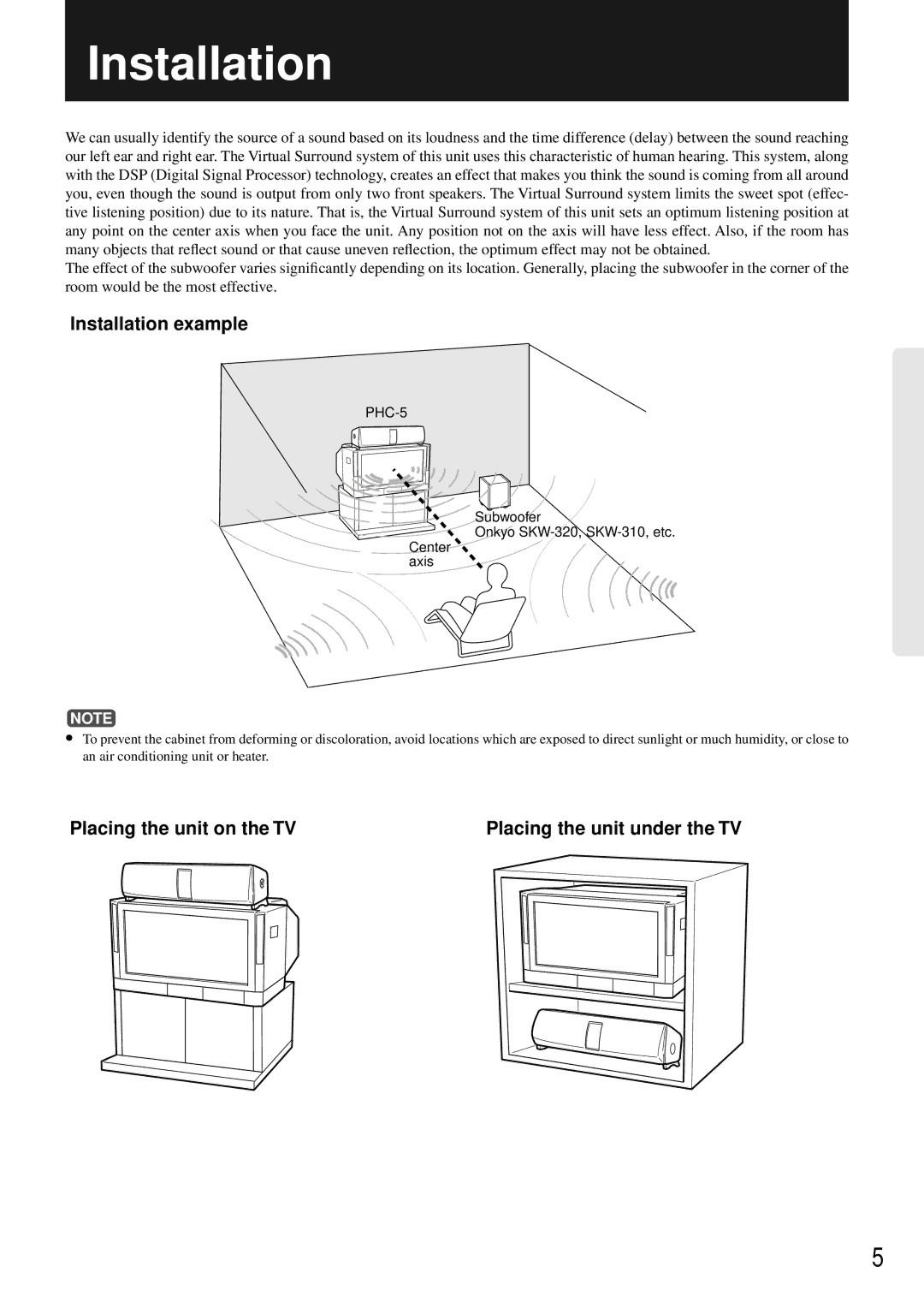 Onkyo PHC-5 instruction manual Installation example, Placing the unit on the TV Placing the unit under the TV 