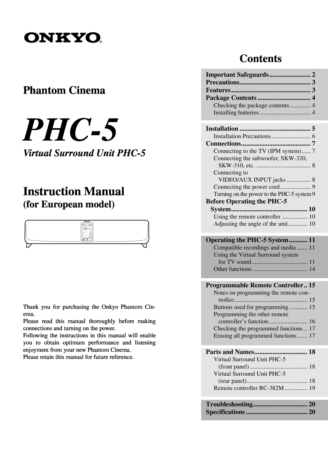Onkyo instruction manual Phantom Cinema, Contents, Virtual Surround Unit PHC-5, for European model 