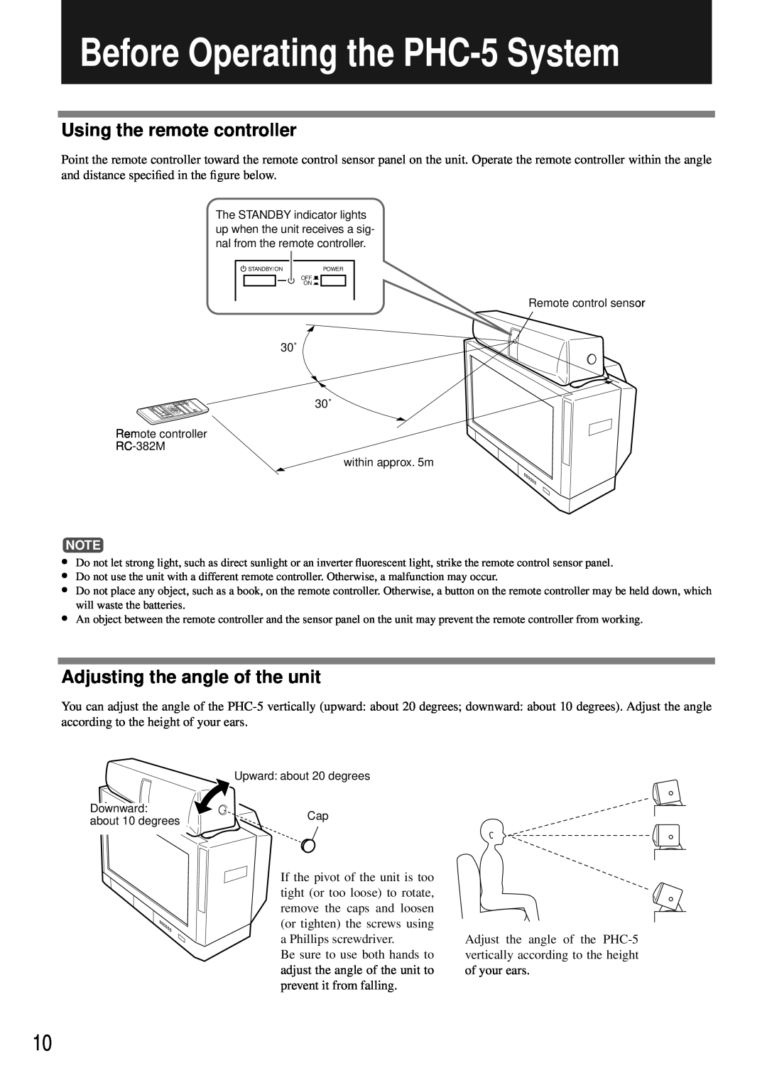 Onkyo instruction manual Before Operating the PHC-5System, Using the remote controller, Adjusting the angle of the unit 