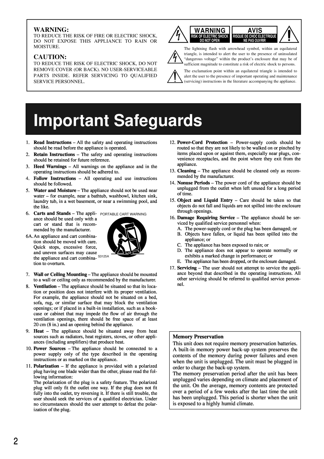 Onkyo PHC-5 instruction manual Important Safeguards, Avis, Memory Preservation 