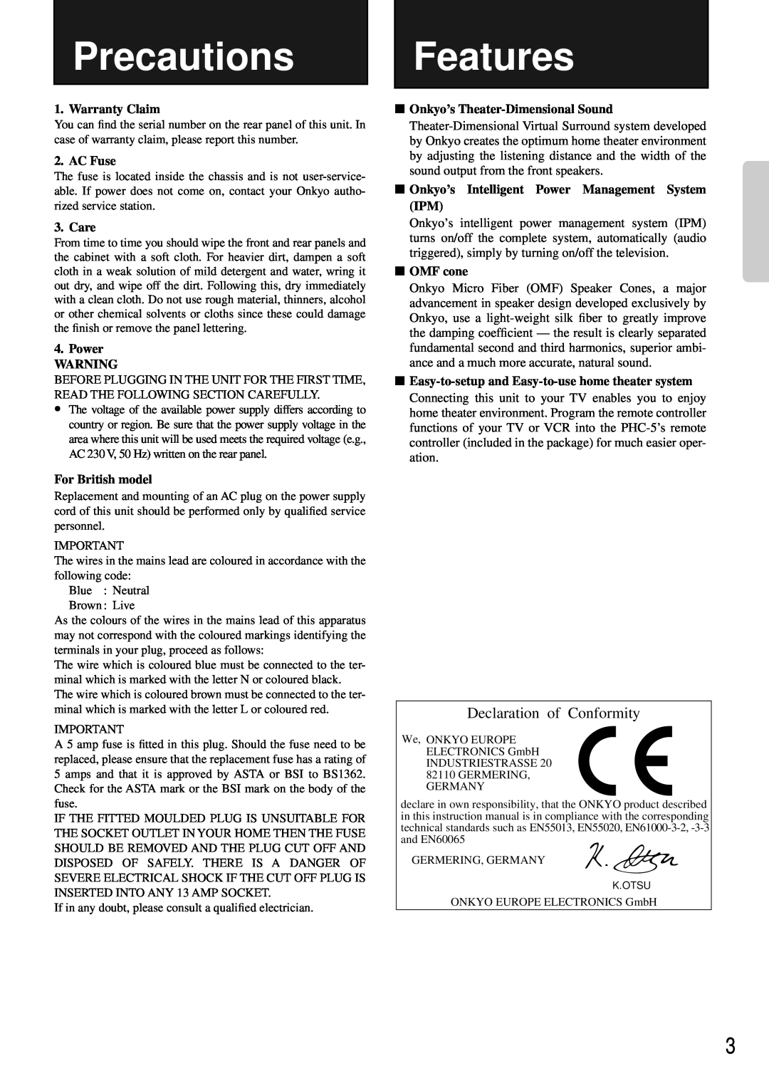 Onkyo PHC-5 Precautions, Features, Declaration of Conformity, Warranty Claim, AC Fuse, Care, Power, For British model 