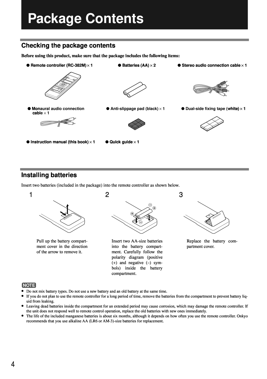 Onkyo PHC-5 instruction manual Package Contents, Checking the package contents, Installing batteries 