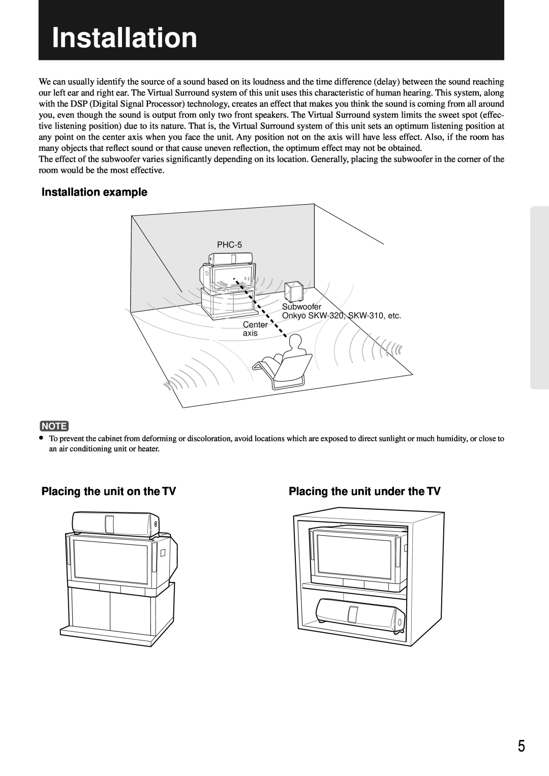 Onkyo PHC-5 instruction manual Installation example, Placing the unit on the TV, Placing the unit under the TV 