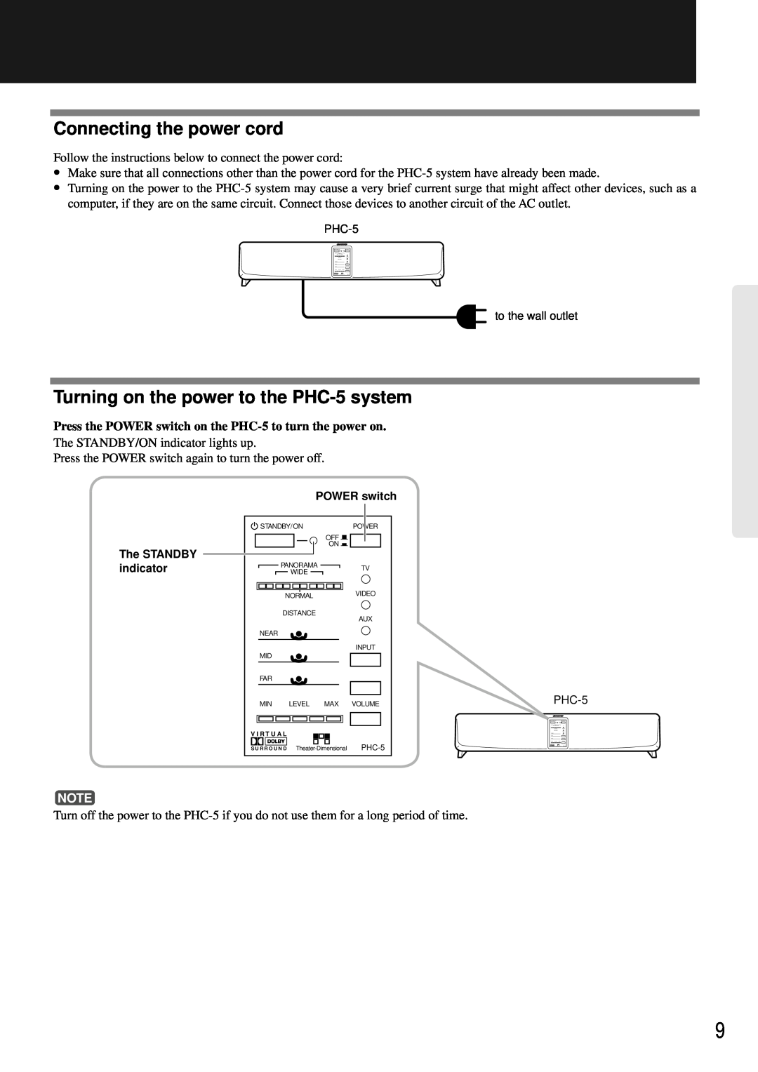 Onkyo instruction manual Connecting the power cord, Turning on the power to the PHC-5system 