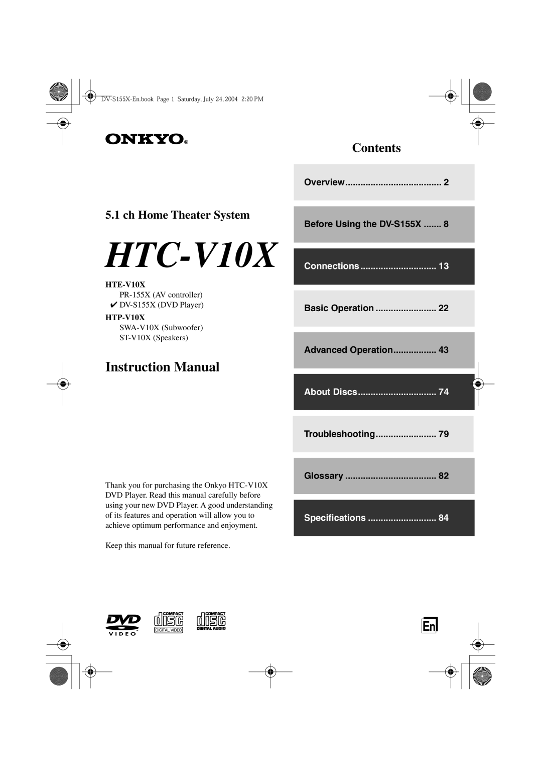 Onkyo ST-V10X, PR-155X, SWA-V10X, DV-S155X, HTE-V10X, HTP-V10X instruction manual HTC-V10X 