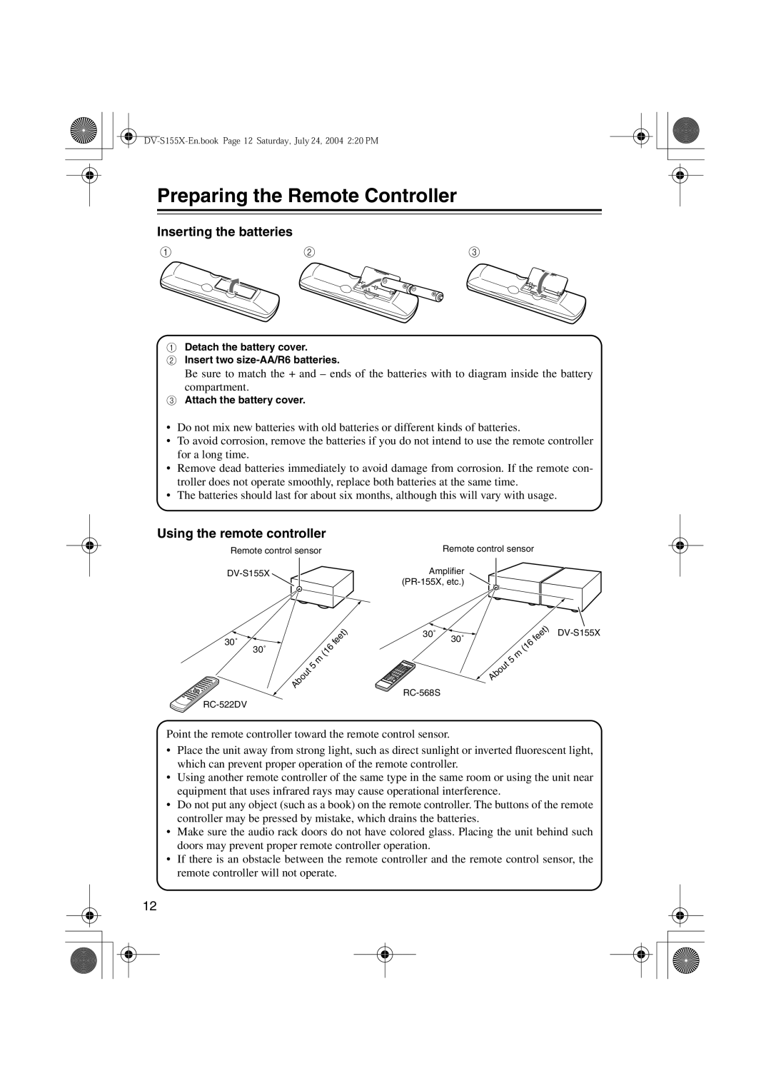 Onkyo HTE-V10X, PR-155X, ST-V10X Preparing the Remote Controller, Inserting the batteries, Using the remote controller 