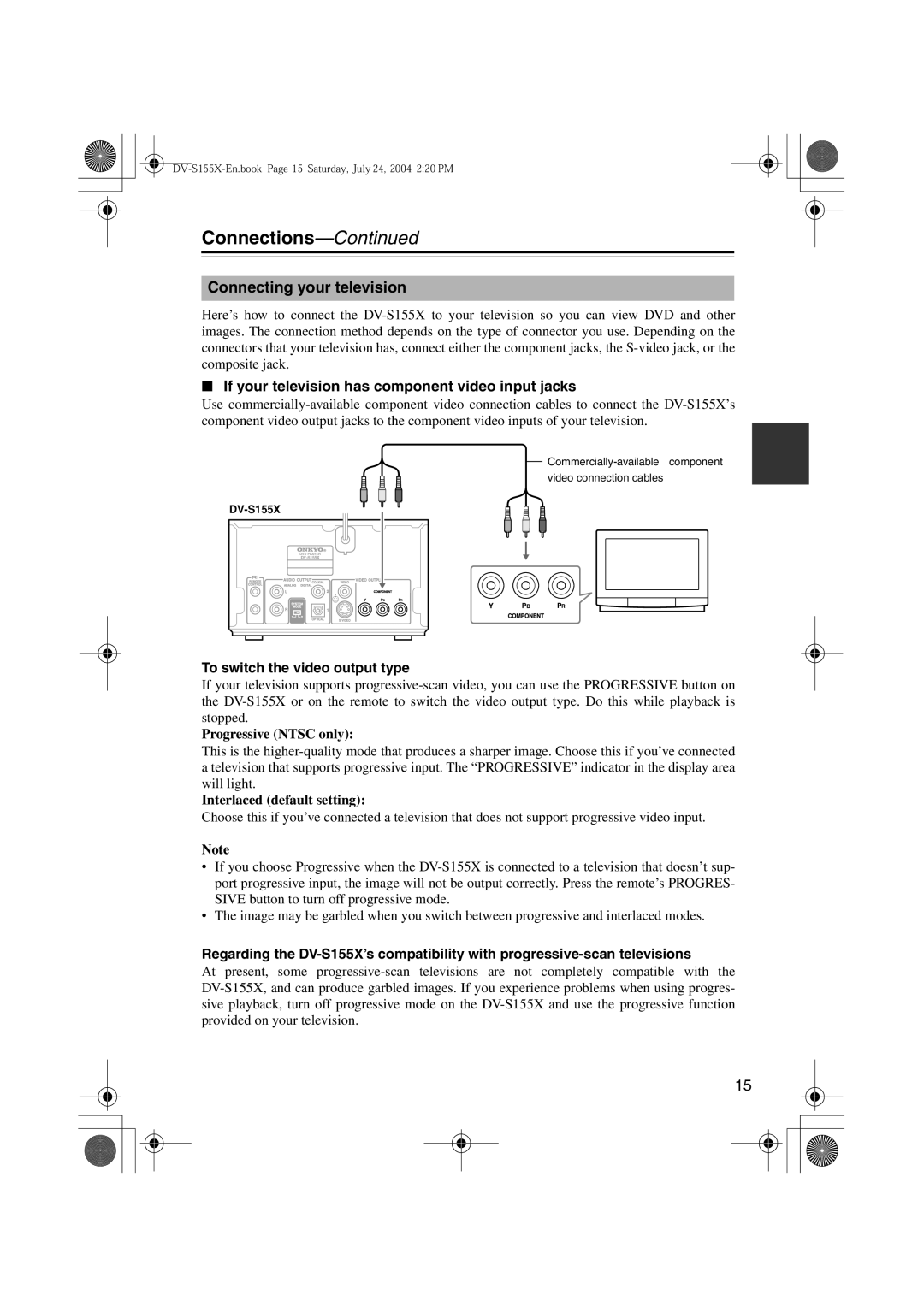 Onkyo ST-V10X Connecting your television, If your television has component video input jacks, Progressive Ntsc only 