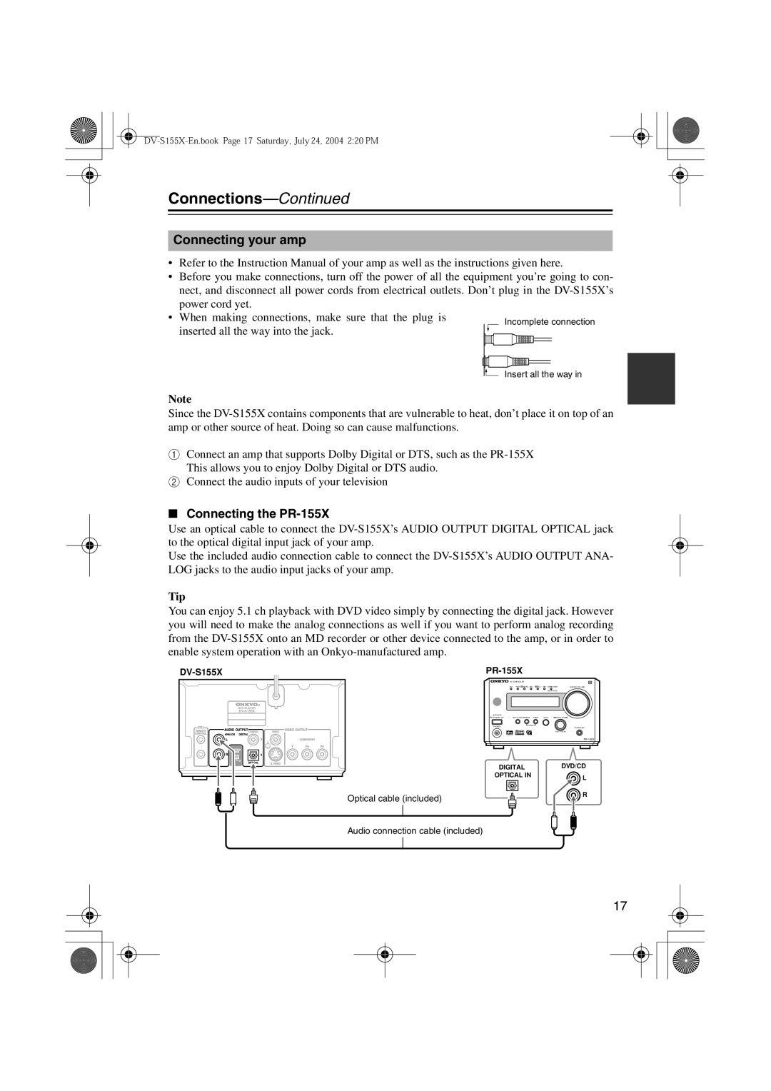 Onkyo HTC-V10X, ST-V10X, SWA-V10X, HTE-V10X, HTP-V10X Connecting your amp, Connecting the PR-155X, Tip, DV-S155X PR-155X 