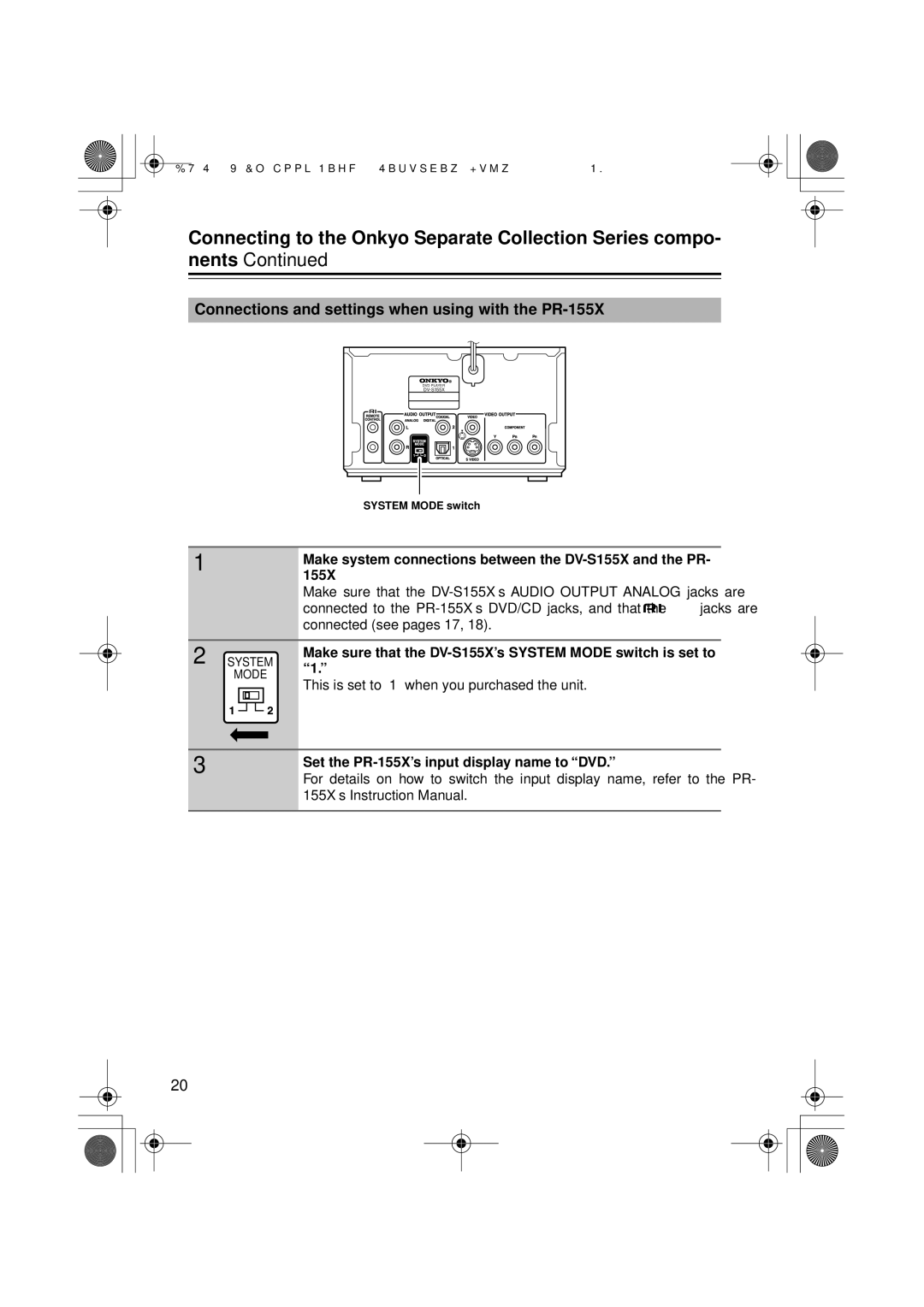 Onkyo HTP-V10X, ST-V10X Connections and settings when using with the PR-155X, Set the PR-155X’s input display name to DVD 