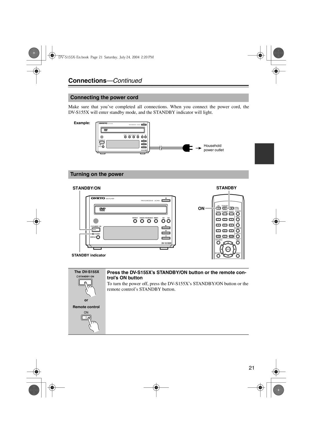 Onkyo PR-155X Connecting the power cord, Turning on the power, Example, Standby indicator DV-S155X, Remote control 