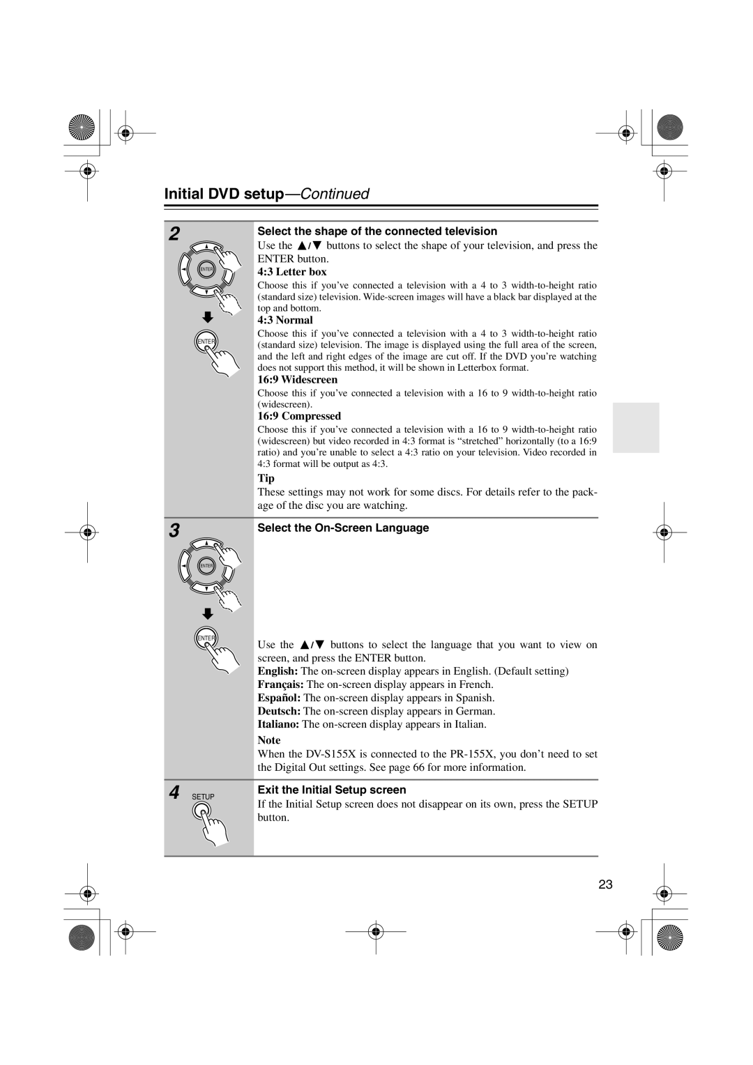 Onkyo SWA-V10X, PR-155X Initial DVD setup, Select the shape of the connected television, Select the On-Screen Language 