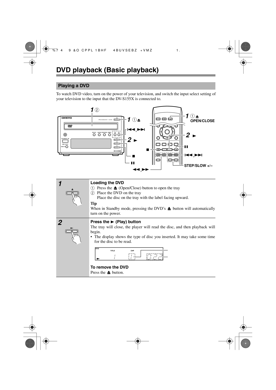 Onkyo HTC-V10X DVD playback Basic playback, Playing a DVD, Loading the DVD, Press the Play button, To remove the DVD 