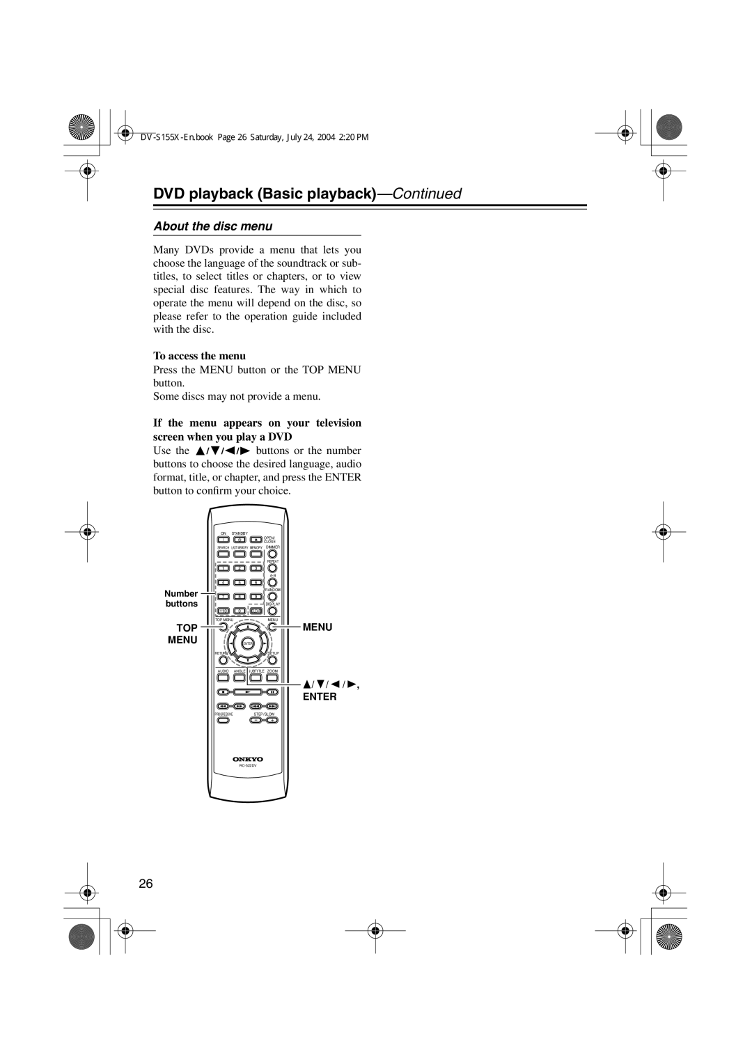 Onkyo HTE-V10X, PR-155X, ST-V10X, SWA-V10X, HTC-V10X, DV-S155X, HTP-V10X About the disc menu, To access the menu 