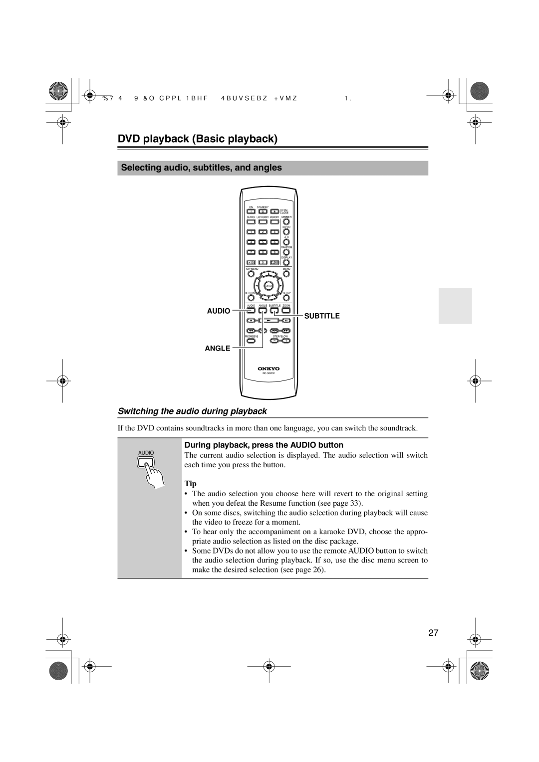 Onkyo HTP-V10X, PR-155X, ST-V10X, SWA-V10X Selecting audio, subtitles, and angles, Switching the audio during playback 