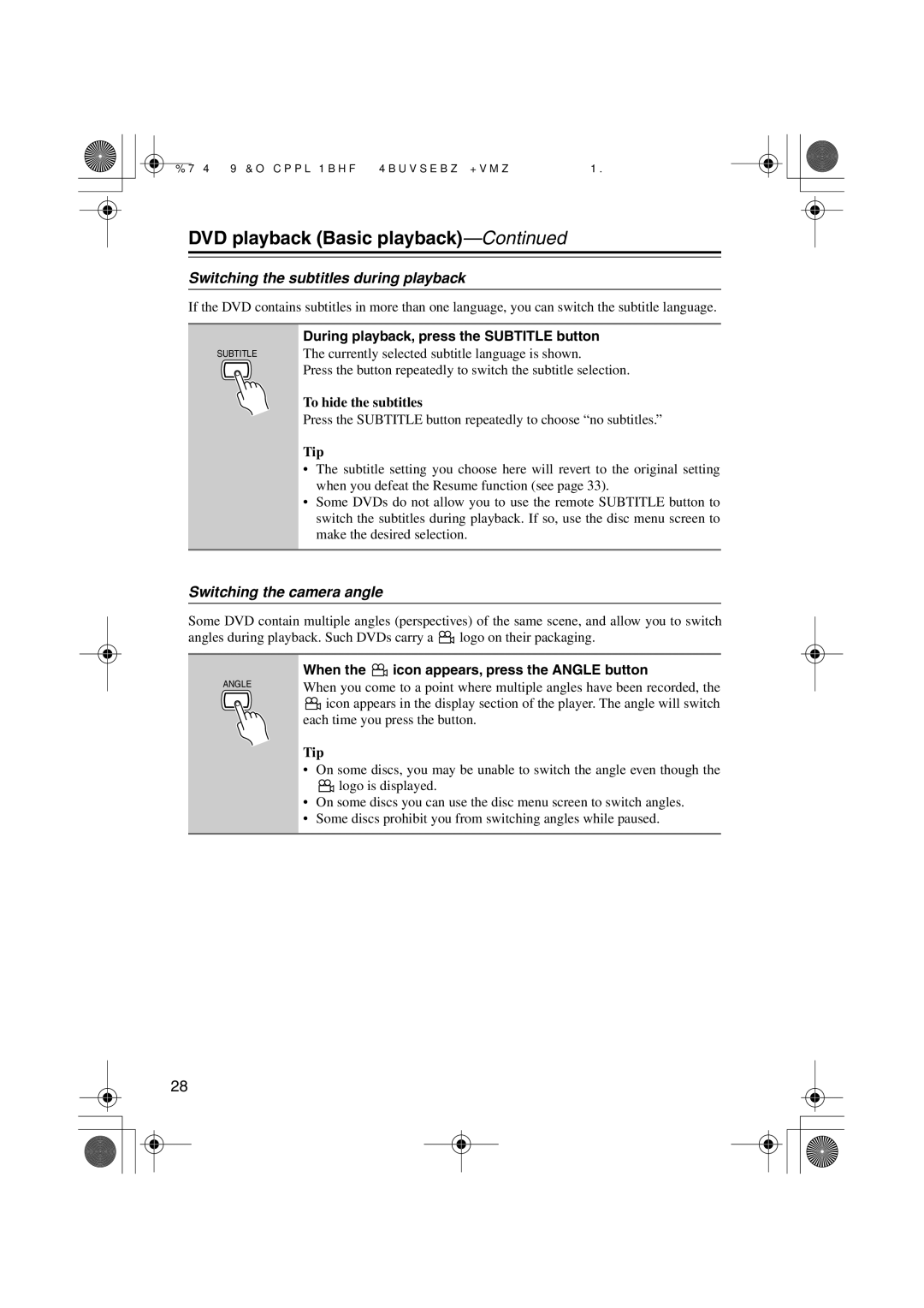 Onkyo PR-155X, ST-V10X, SWA-V10X Switching the subtitles during playback, Switching the camera angle, To hide the subtitles 