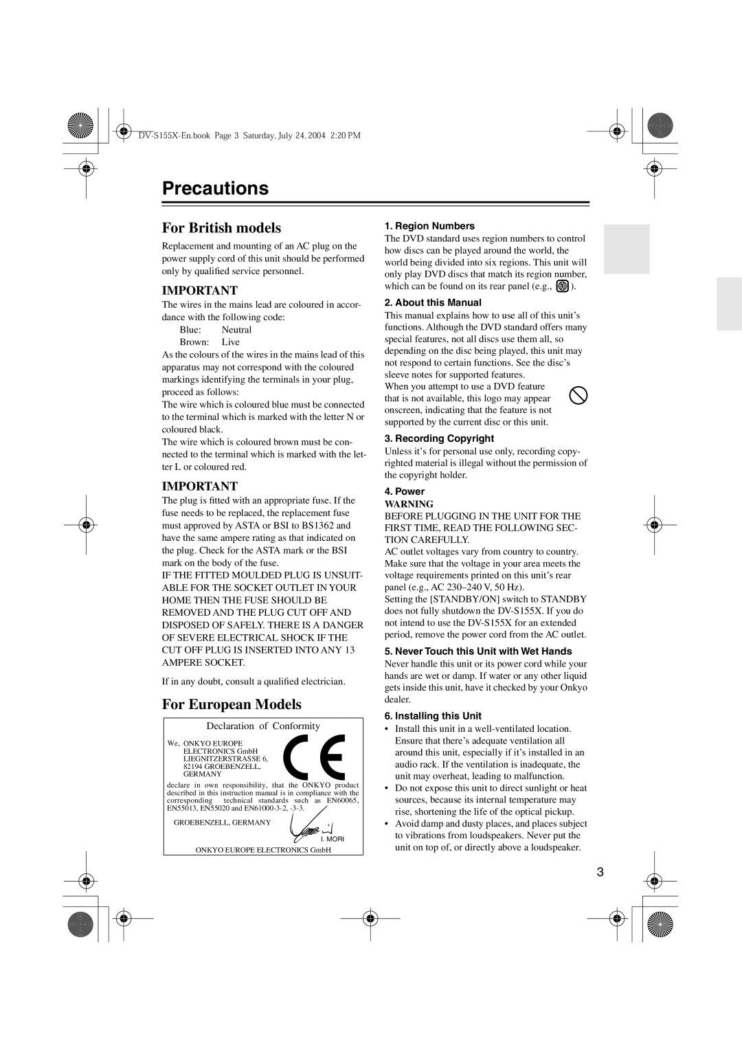 Onkyo HTC-V10X, PR-155X, ST-V10X, SWA-V10X, DV-S155X, HTE-V10X, HTP-V10X instruction manual Precautions, For British models 