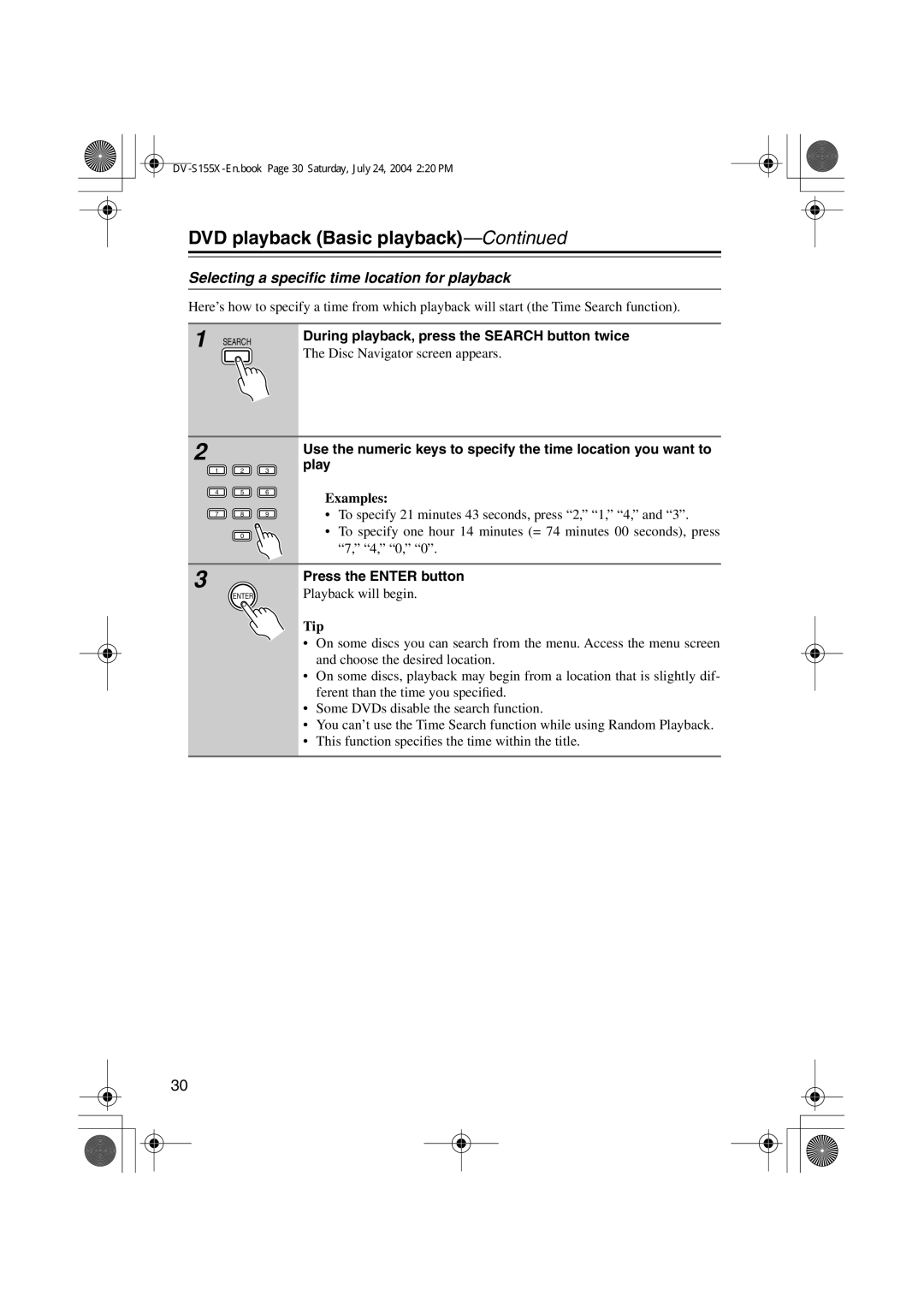 Onkyo SWA-V10X, PR-155X Selecting a speciﬁc time location for playback, During playback, press the Search button twice 