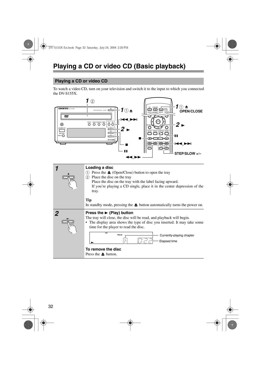 Onkyo DV-S155X, PR-155X, ST-V10X Playing a CD or video CD Basic playback, Loading a disc, To remove the disc, Elapsed time 