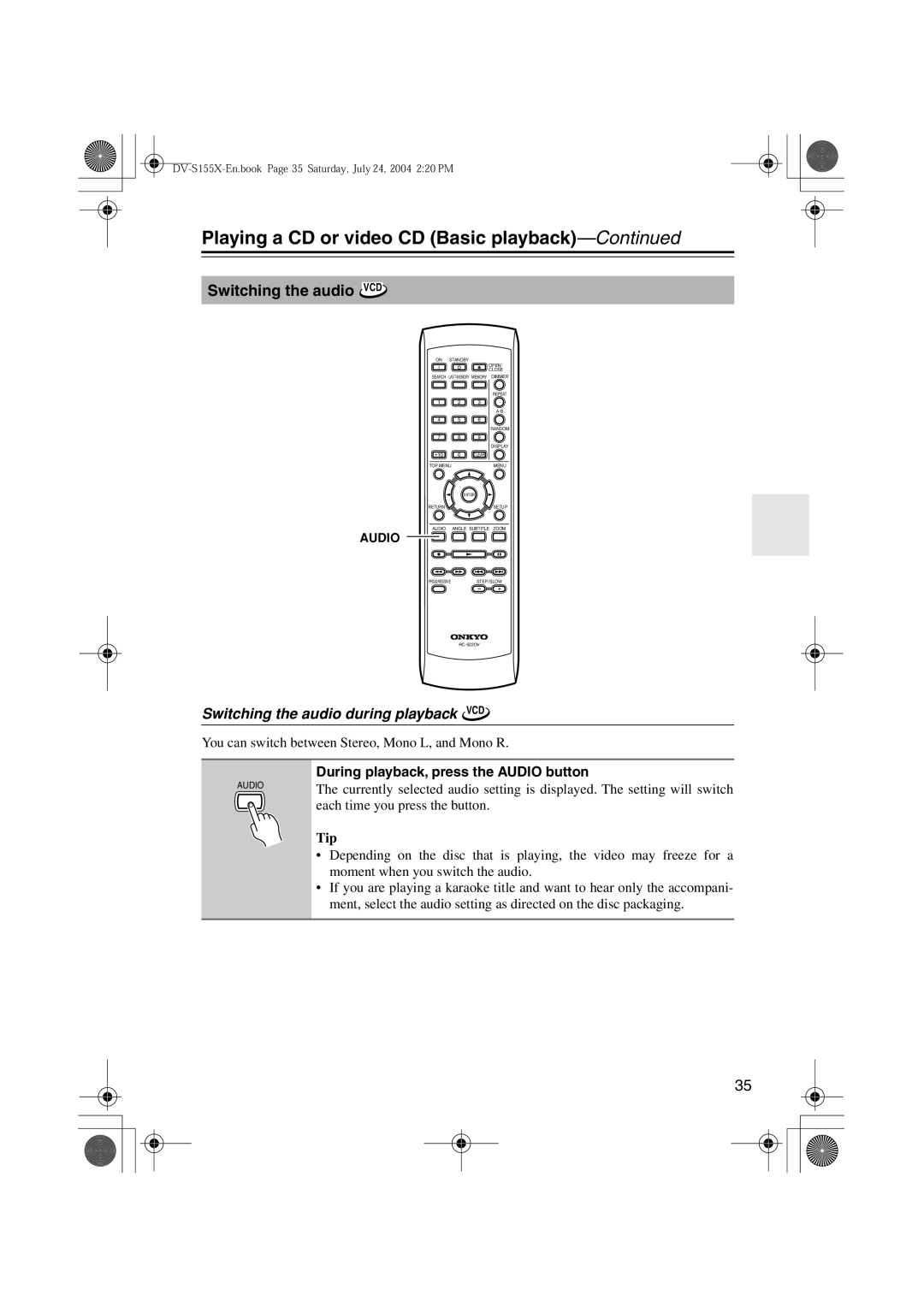 Onkyo PR-155X, ST-V10X, SWA-V10X, HTC-V10X, DV-S155X Switching the audio VCD, Switching the audio during playback VCD 