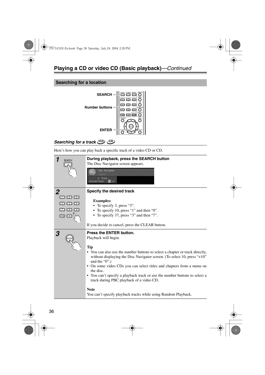 Onkyo ST-V10X, PR-155X Searching for a location, Searching for a track VCD CD, During playback, press the Search button 