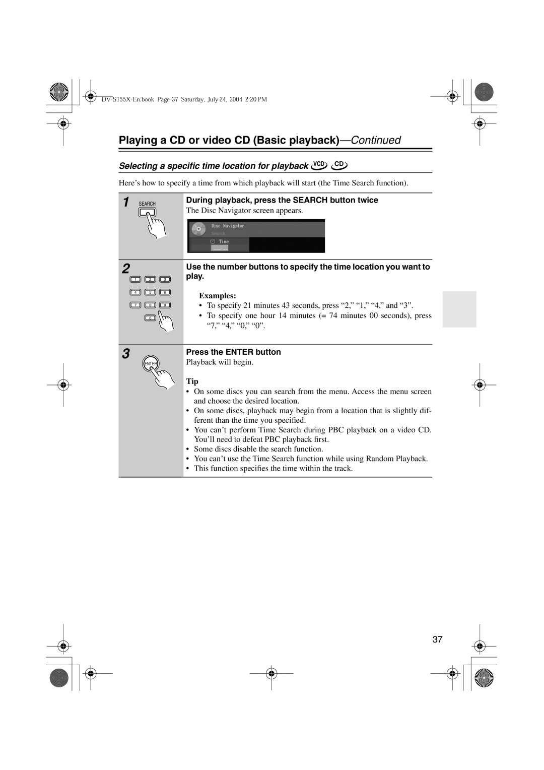 Onkyo SWA-V10X Selecting a speciﬁc time location for playback VCD CD, During playback, press the Search button twice 