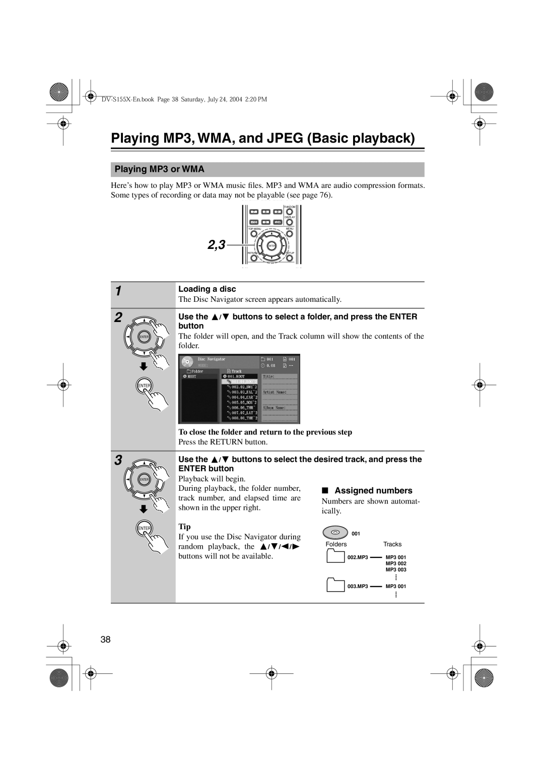 Onkyo HTC-V10X, PR-155X, ST-V10X, SWA-V10X Playing MP3, WMA, and Jpeg Basic playback, Playing MP3 or WMA, Assigned numbers 