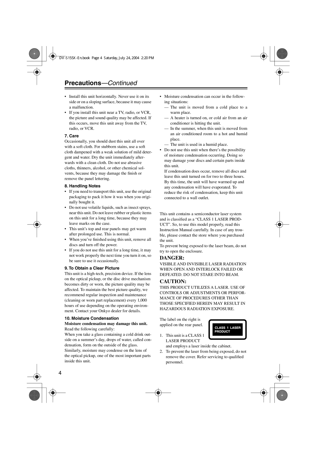 Onkyo DV-S155X, PR-155X, ST-V10X, SWA-V10X, HTC-V10X, HTE-V10X, HTP-V10X instruction manual Precautions, Care 