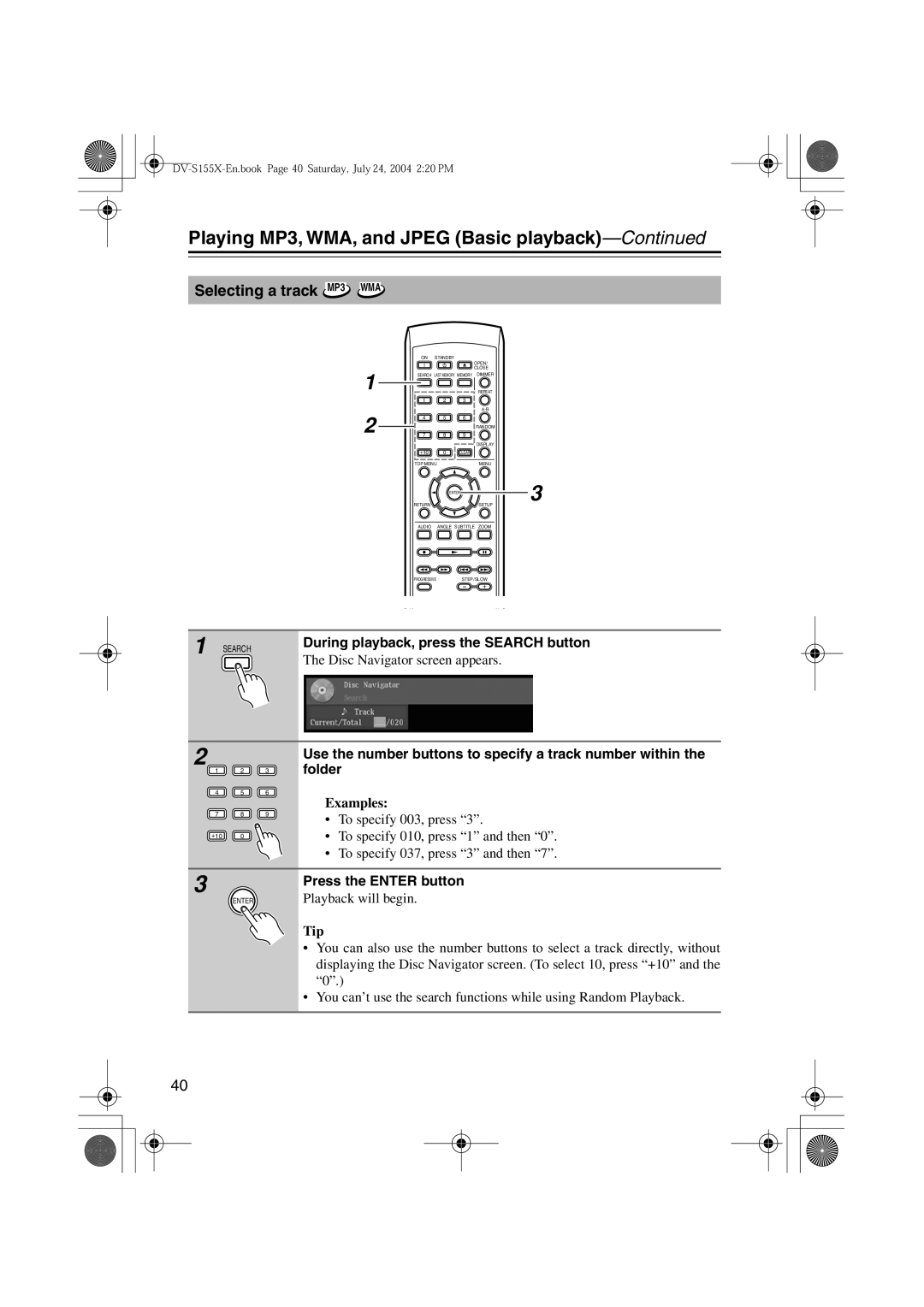 Onkyo HTE-V10X, PR-155X, ST-V10X, SWA-V10X, HTC-V10X Selecting a track MP3 WMA, During playback, press the Search button 