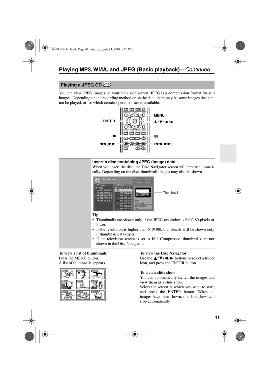 Onkyo HTP-V10X, PR-155X Playing a Jpeg CD Jpeg, Insert a disc containing Jpeg image data, To view a list of thumbnails 