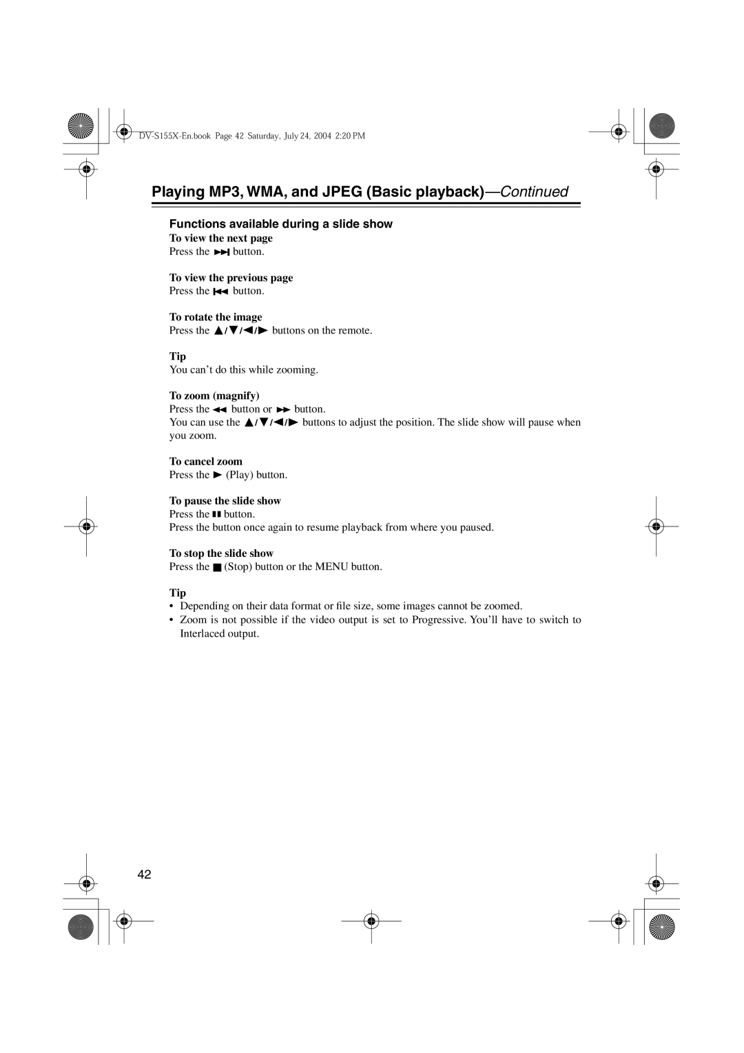 Onkyo PR-155X, ST-V10X, SWA-V10X, HTC-V10X, DV-S155X, HTE-V10X, HTP-V10X Functions available during a slide show 