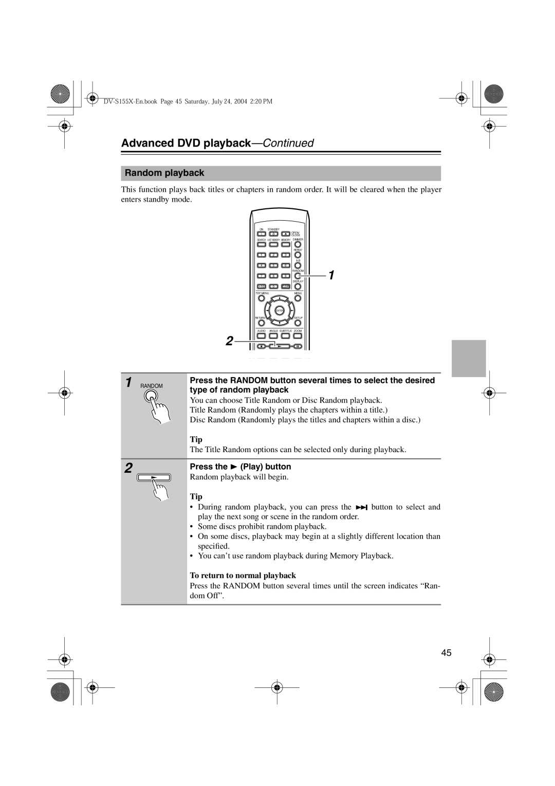 Onkyo HTC-V10X, PR-155X, ST-V10X, SWA-V10X, DV-S155X, HTE-V10X Random playback will begin, To return to normal playback 