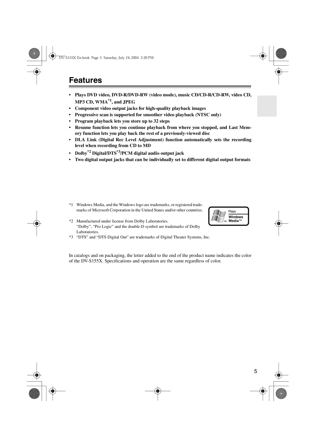 Onkyo HTE-V10X, PR-155X, ST-V10X, SWA-V10X, HTC-V10X, DV-S155X, HTP-V10X instruction manual Features 