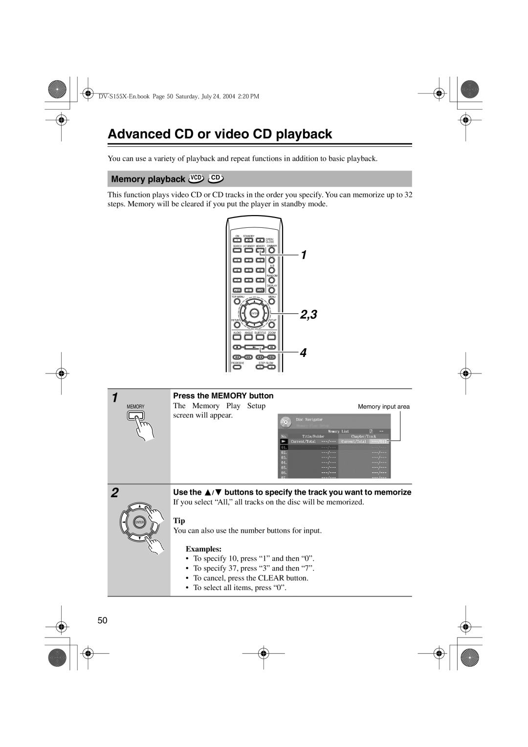 Onkyo ST-V10X, PR-155X, SWA-V10X, HTC-V10X, DV-S155X, HTE-V10X Advanced CD or video CD playback, Memory playback VCD CD 